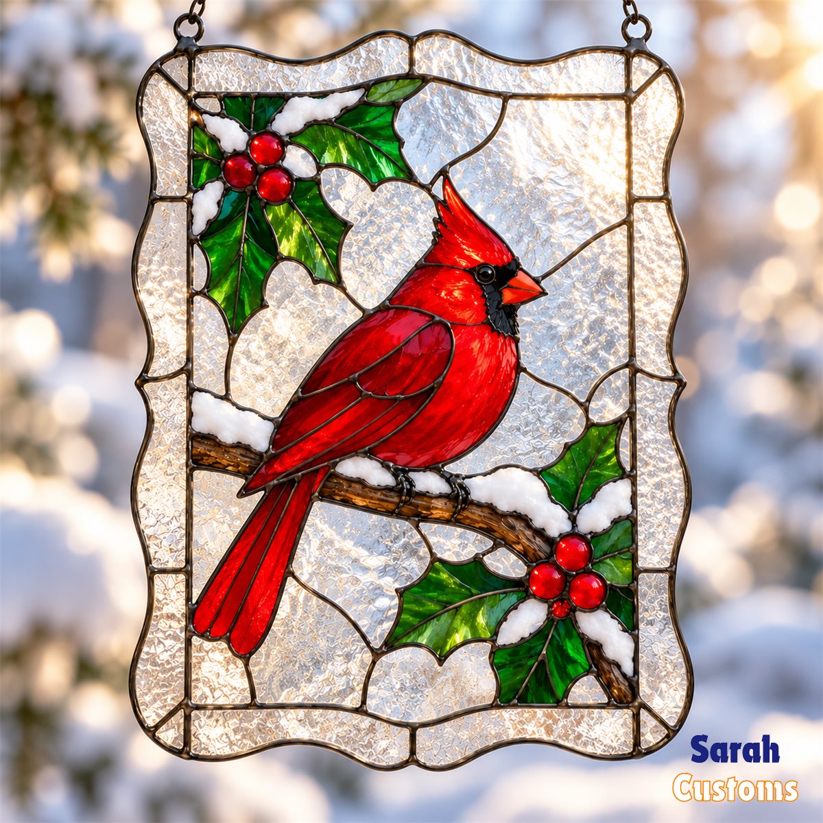Snowy Cardinal Scalloped Frame Christmas Suncatcher