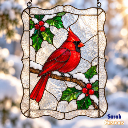 Snowy Cardinal Scalloped Frame Christmas Suncatcher