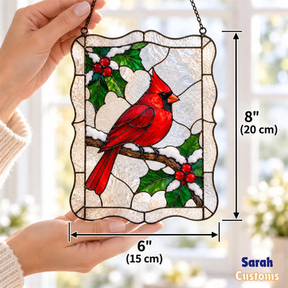 Snowy Cardinal Scalloped Frame Christmas Suncatcher