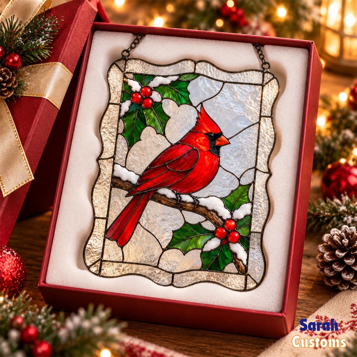 Snowy Cardinal Scalloped Frame Christmas Suncatcher