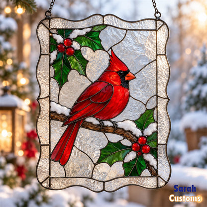 Snowy Cardinal Scalloped Frame Christmas Suncatcher