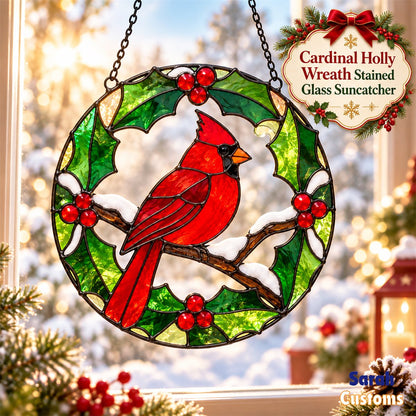Snowy Holly Wreath Cardinal Stained Glass Suncatcher