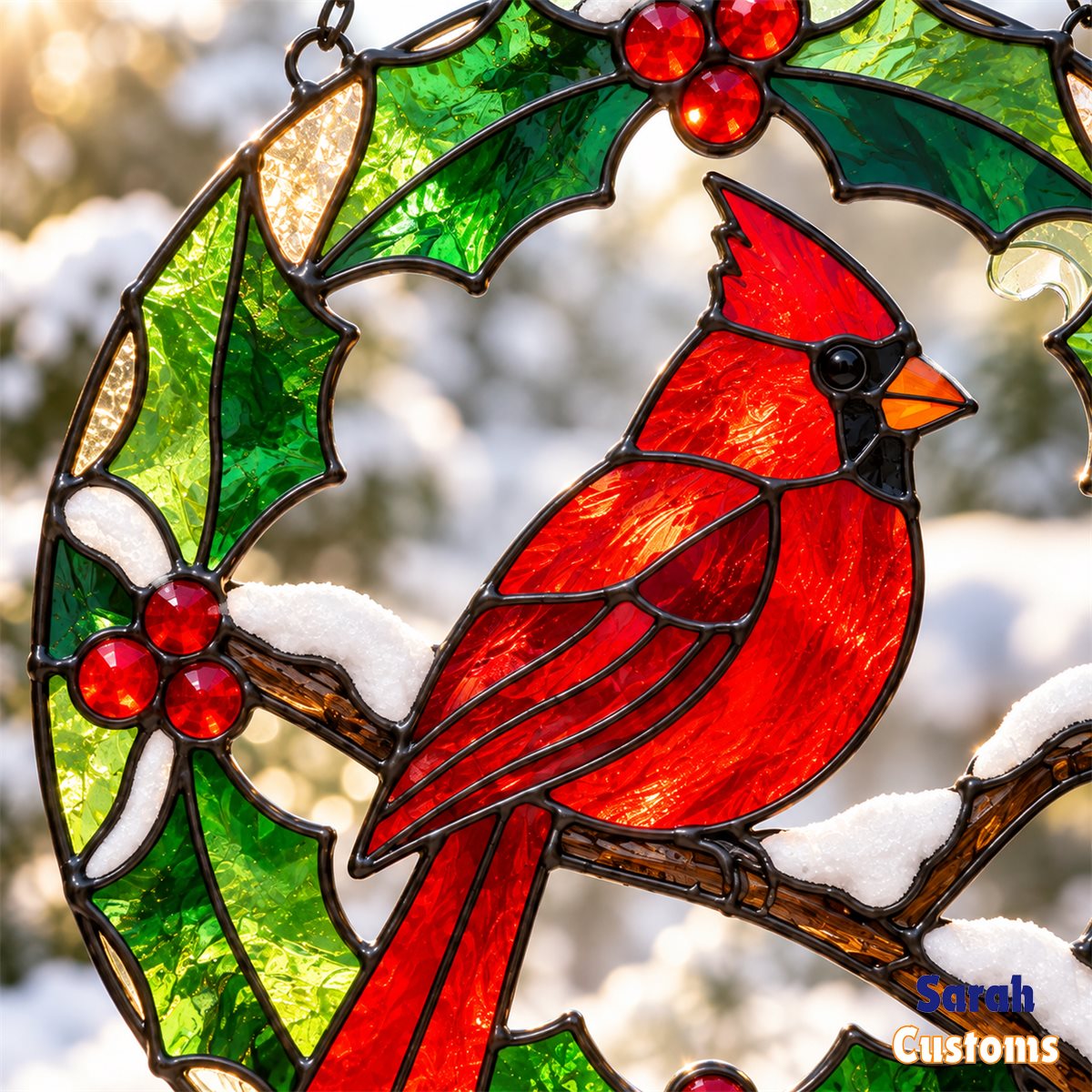 Snowy Holly Wreath Cardinal Stained Glass Suncatcher