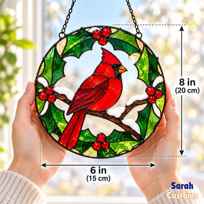 Snowy Holly Wreath Cardinal Stained Glass Suncatcher