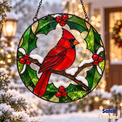 Snowy Holly Wreath Cardinal Stained Glass Suncatcher