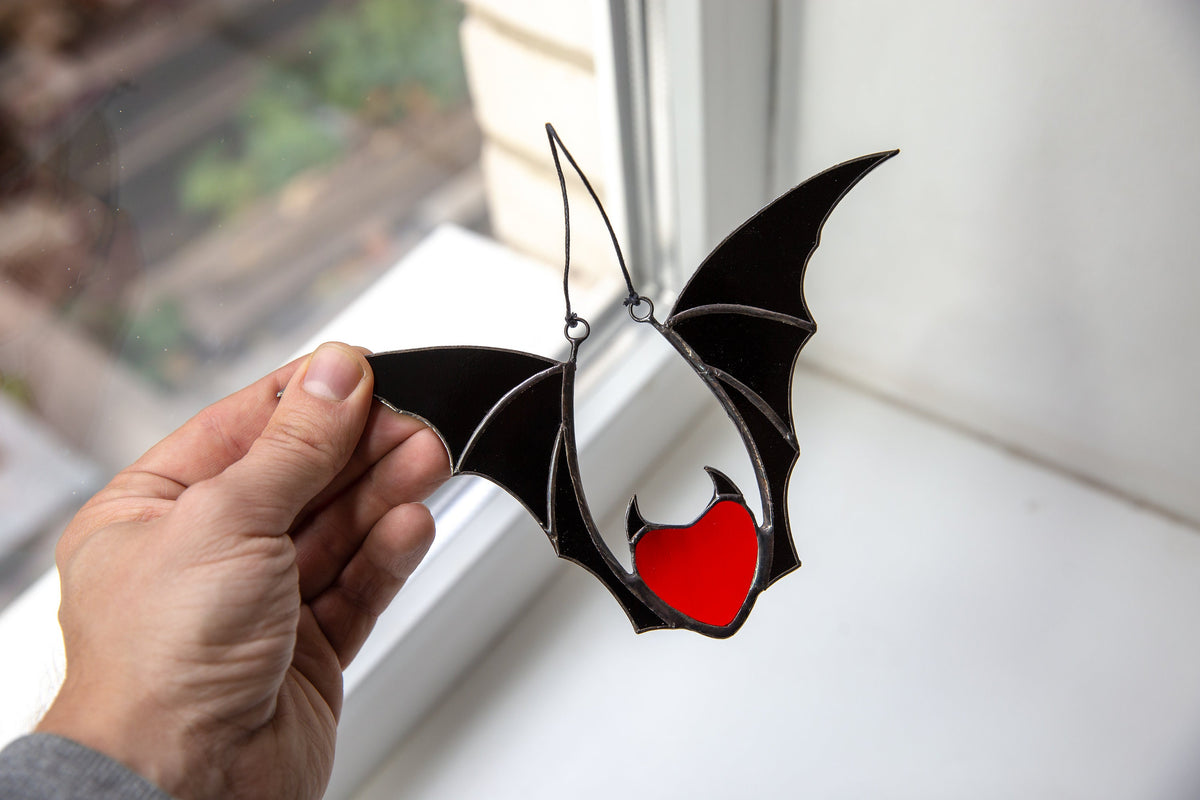 Valentine stained glass heart suncatcher Halloween gift goth home decor Stained glass bat honeymoon gifts Halloween decor - Image 6