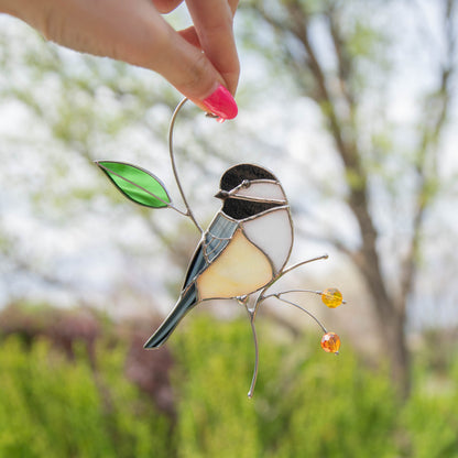 Chickadee stained glass bird suncatcher Unique gift for mom Spring decor window hangings - Image 19