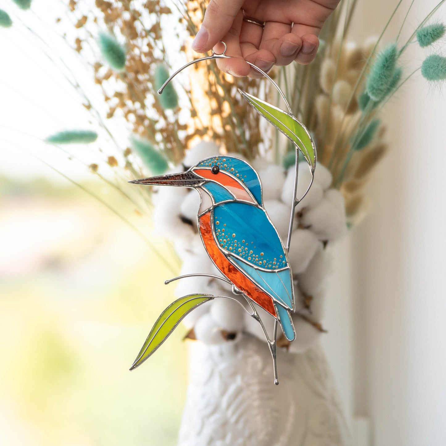 Kingfisher stained glass bird suncatcher Unique gift for mom Modern stained glass window hangings Kingfisher art - Image 8
