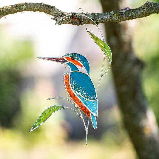 Kingfisher stained glass bird suncatcher Unique gift for mom Modern stained glass window hangings Kingfisher art - Image 1