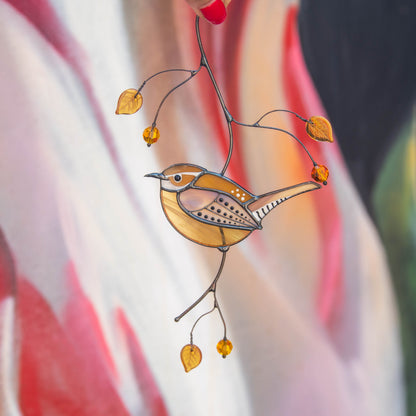 Carolina Wren stained glass bird suncatcher Mother in law gifts Custom stained glass window hangings House warming gifts new home - Image 5