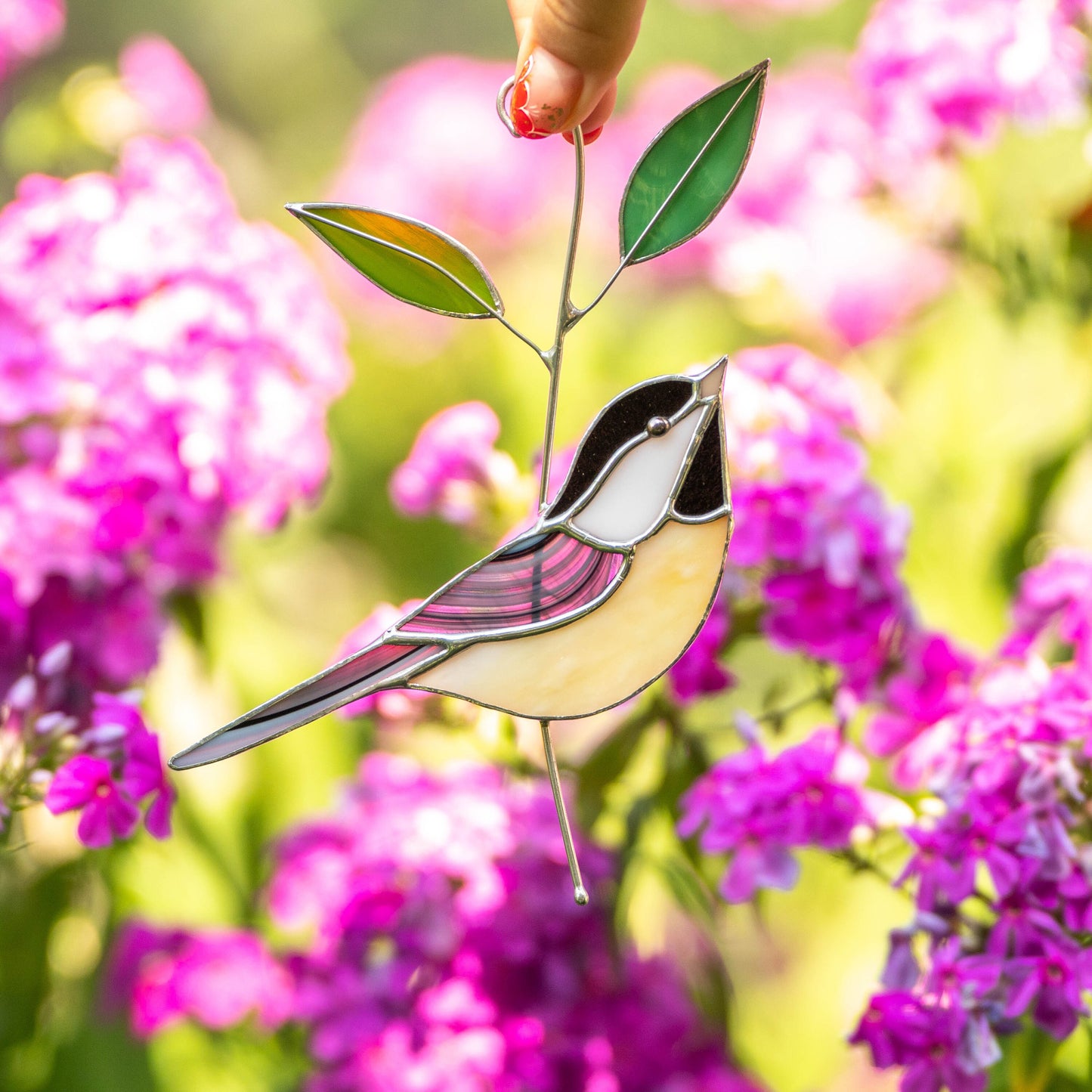 Black capped chickadee stained glass window hangings Grandma gifts Modern stained glass bird suncatcher Original wildlife art - Image 11