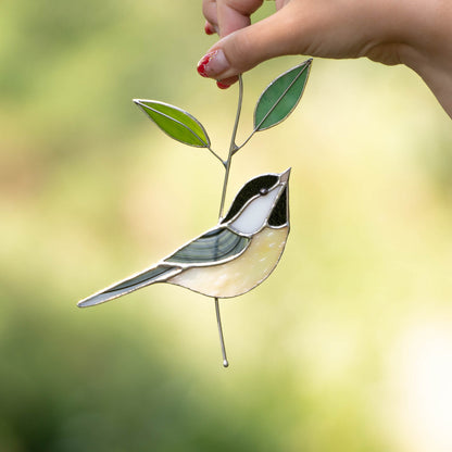 Black capped chickadee stained glass window hangings Grandma gifts Modern stained glass bird suncatcher Original wildlife art - Image 6