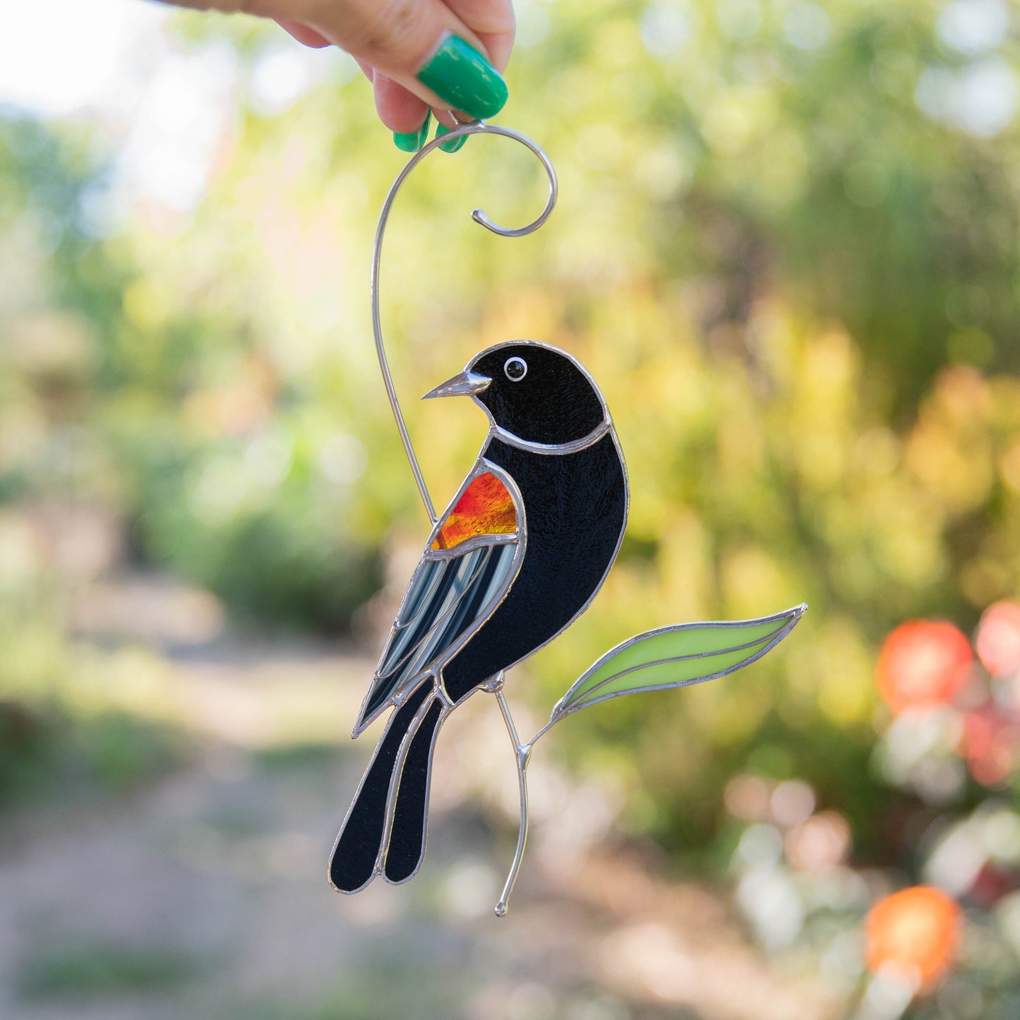 Red winged blackbird stained glass bird suncatcher Grandma gifts Custom stained glass art - Image 5
