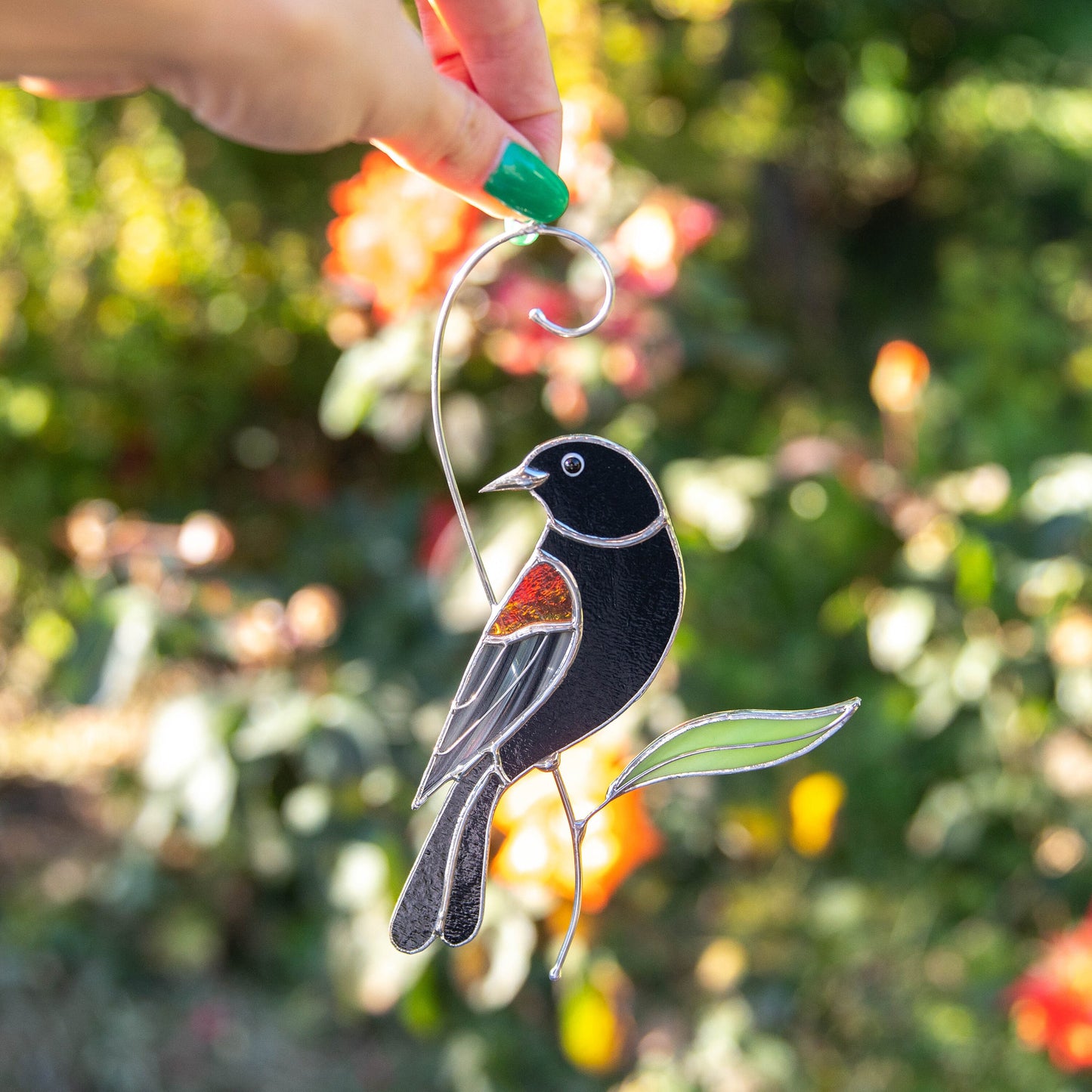 Red winged blackbird stained glass bird suncatcher Grandma gifts Custom stained glass art - Image 12