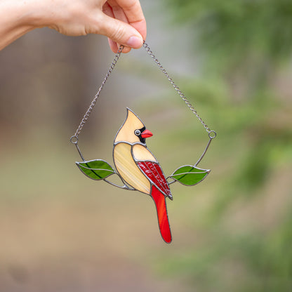 Cardinal bird stained glass window hangings Gifts for mom from daughter Custom stained glass bird suncatcher Cardinal memorial ornament - Image 3