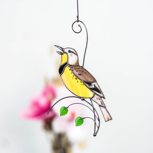 Western meadowlark stained glass suncatcher House warming gifts new home Bird stained glass window hangings - Image 1