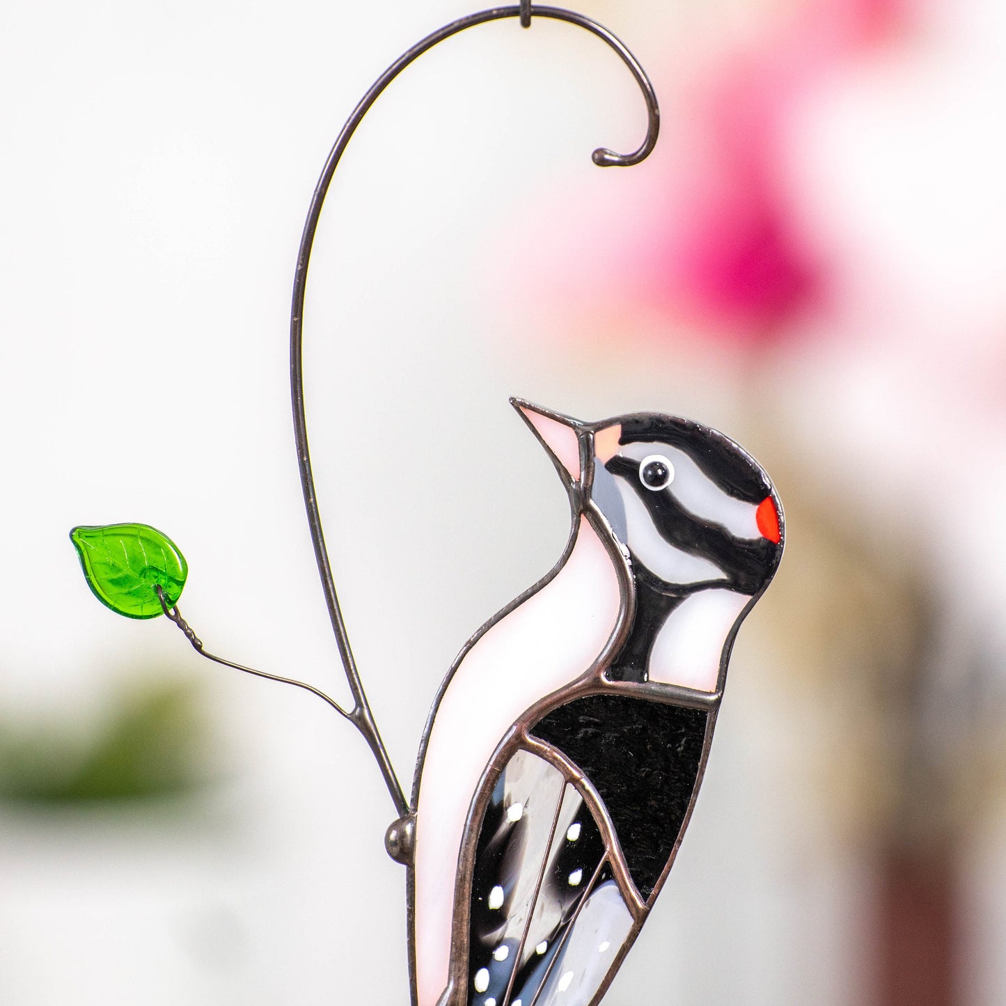 Downy woodpecker stained glass window hangings Godfather gift Custom stained glass bird suncatcher - Image 8