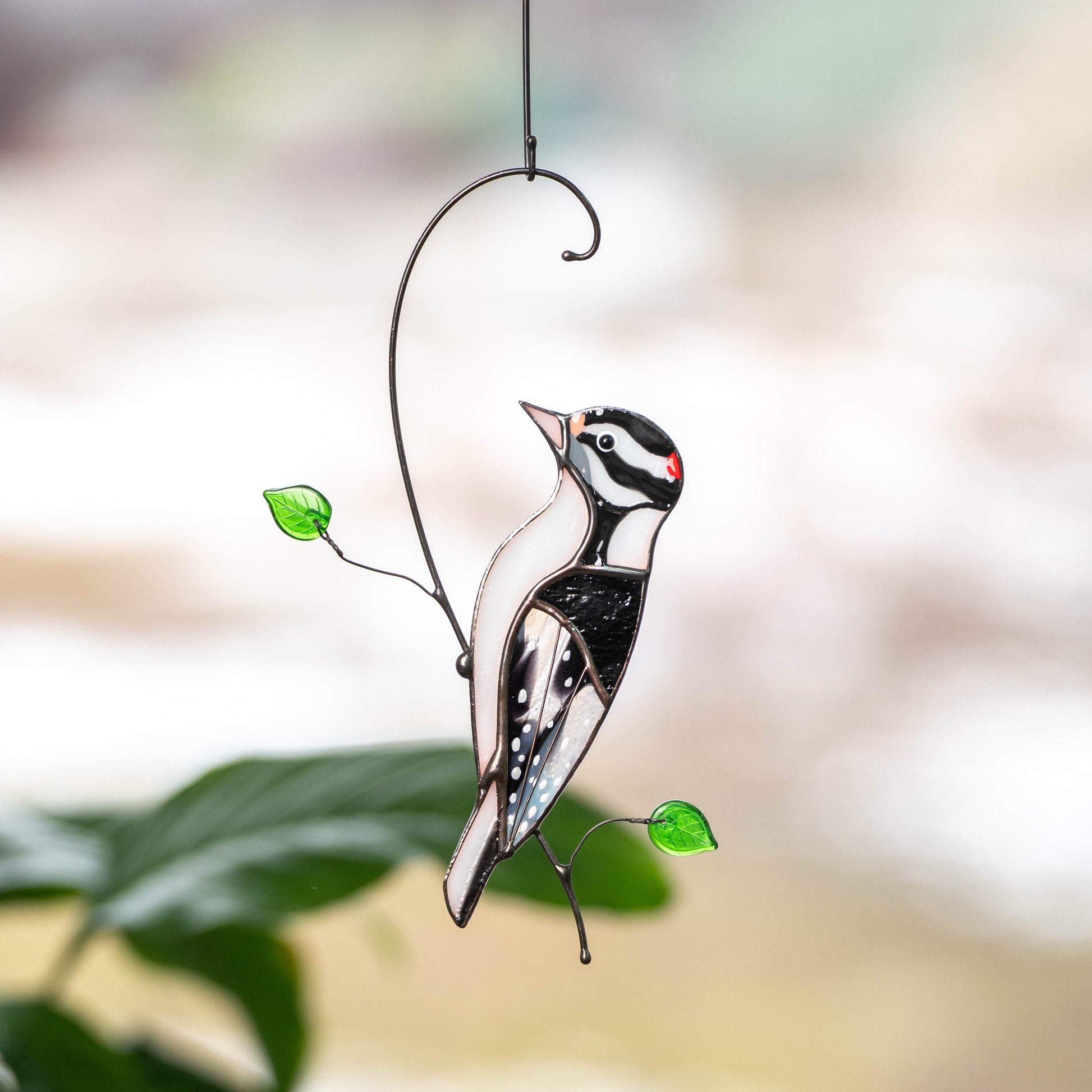 Downy woodpecker stained glass window hangings Godfather gift Custom stained glass bird suncatcher - Image 10