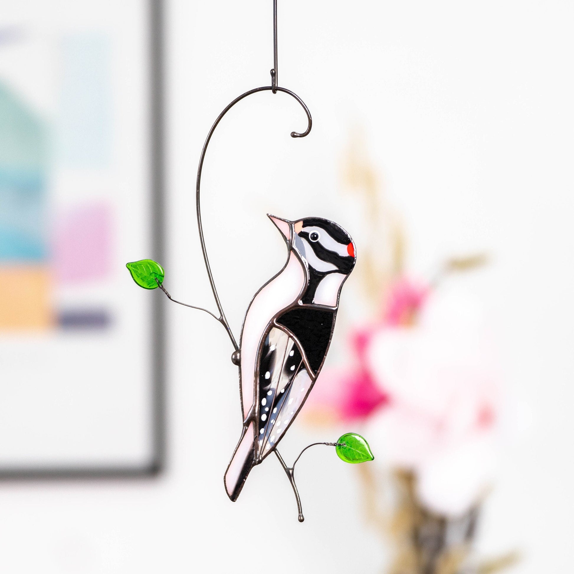Downy woodpecker stained glass window hangings Godfather gift Custom stained glass bird suncatcher - Image 1
