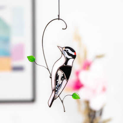 Downy woodpecker stained glass window hangings Godfather gift Custom stained glass bird suncatcher - Image 1