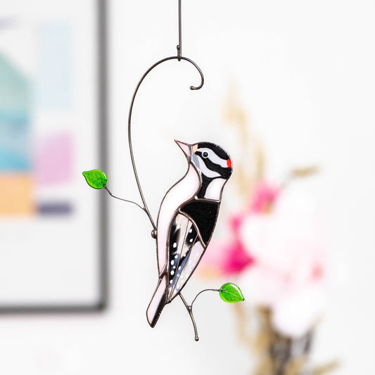 Downy woodpecker stained glass window hangings Godfather gift Custom stained glass bird suncatcher - Image 1