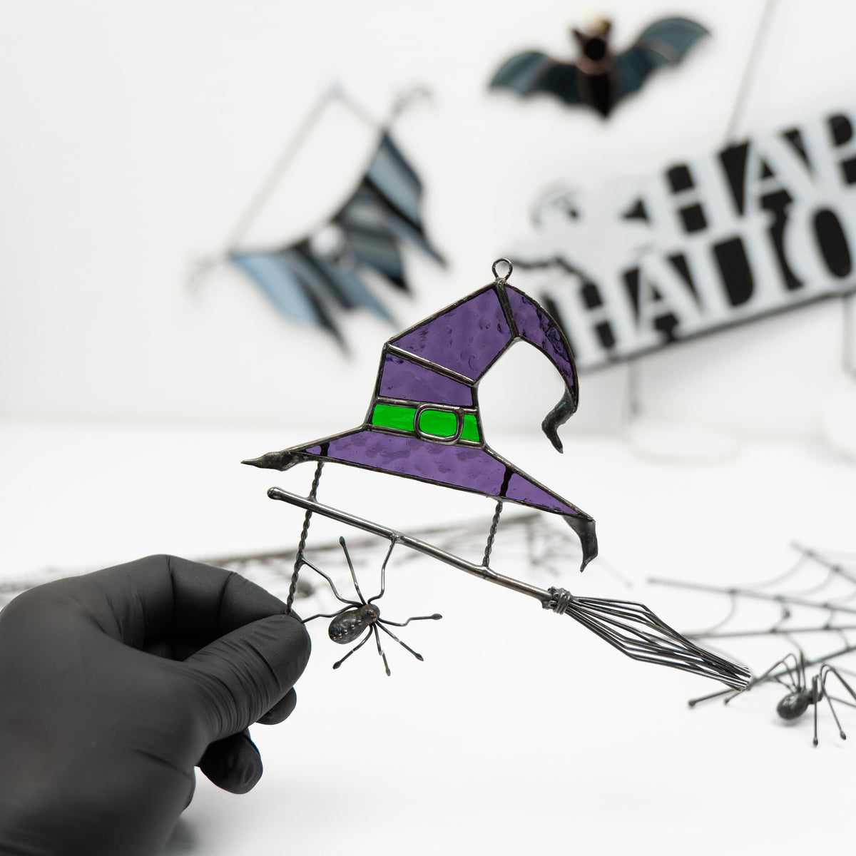 Stained glass witches broom Halloween spirit Custom stained glass window hangings Wizard hat Halloween stained glass web suncatchers - Image 10