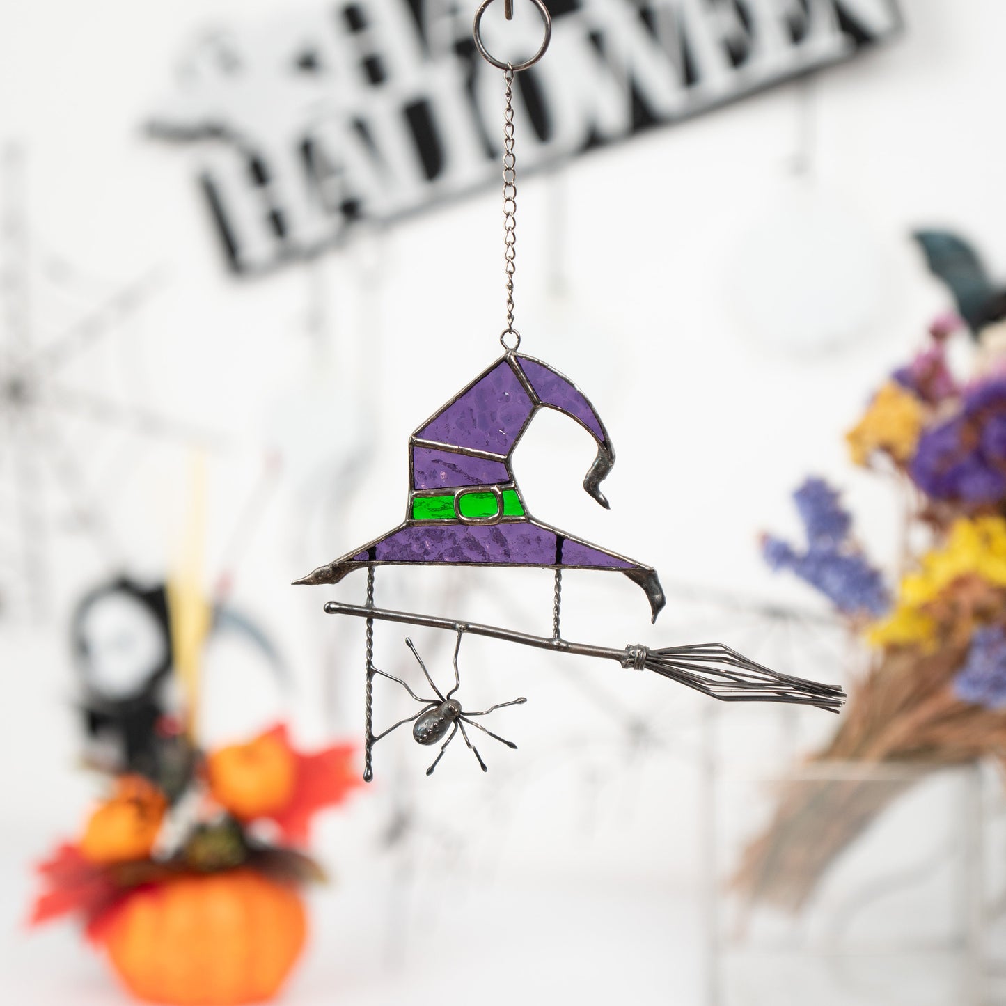 Stained glass witches broom Halloween spirit Custom stained glass window hangings Wizard hat Halloween stained glass web suncatchers - Image 8
