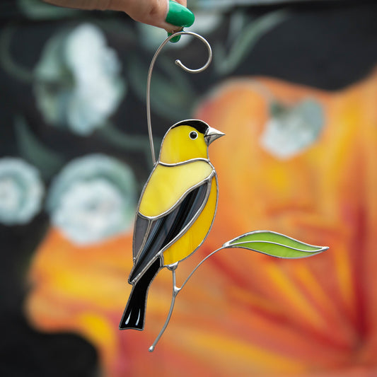 Goldfinch stained glass window hangings Bird lover gifts Custom stained glass bird art - Image 1