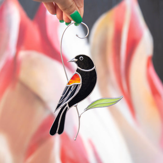 Red winged blackbird stained glass bird suncatcher Grandma gifts Custom stained glass art - Image 1