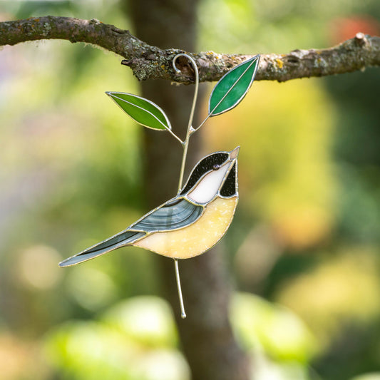 Black capped chickadee stained glass window hangings Grandma gifts Modern stained glass bird suncatcher Original wildlife art - Image 1