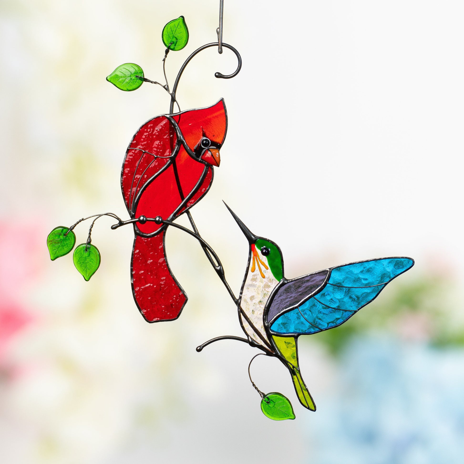 Stained glass cardinal suncatcher Mother in law gift Hummingbird stained glass window hangings Stained glass cardinal memorial ornament - Image 3