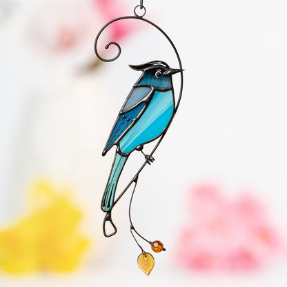 Steller jay stained glass bird suncatcher Grandma gifts Custom stained glass window hangings Handmade product Fairy garden accessories - Image 12