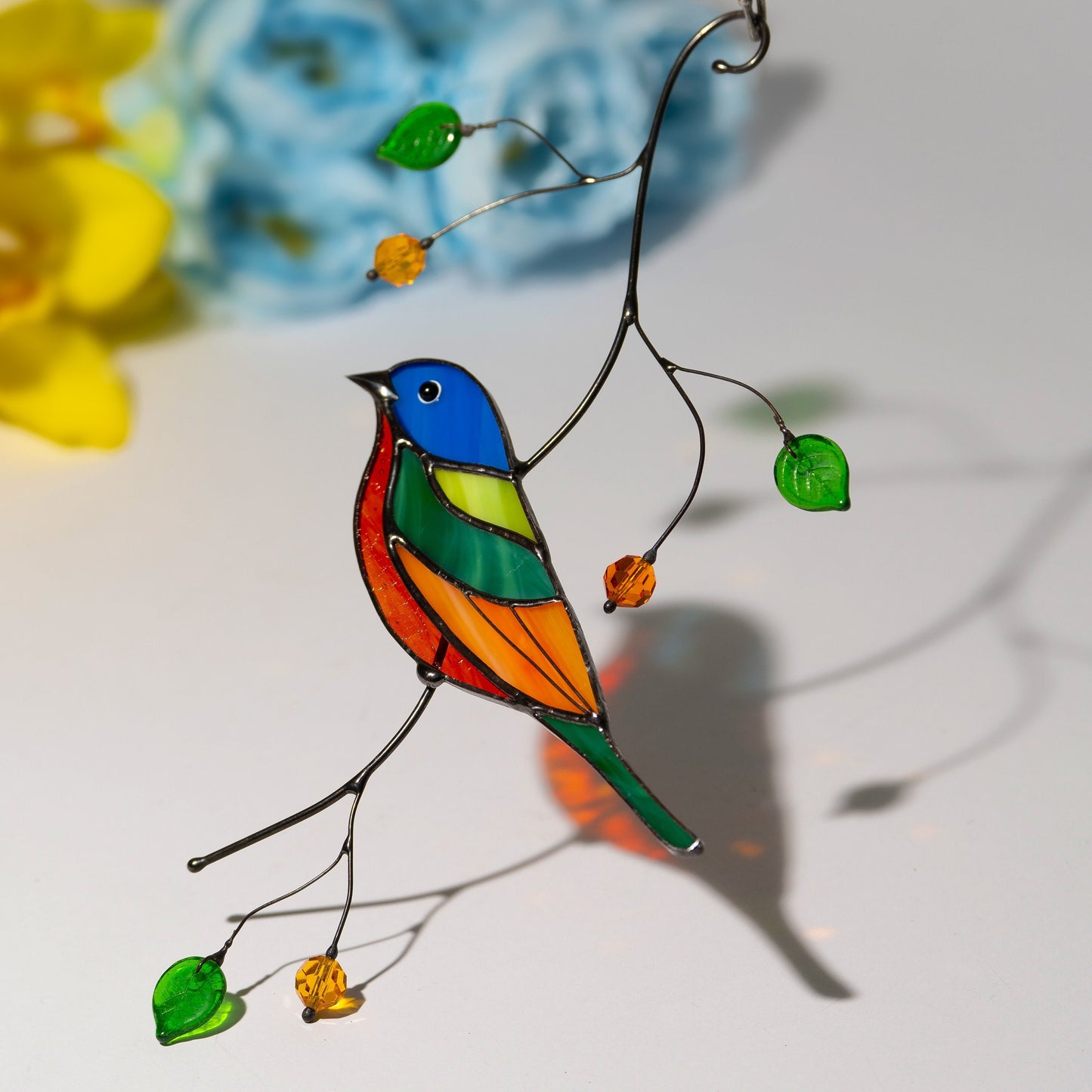 Painted bunting bird Stained glass suncatcher Porch decor Modern stained glass window hangings - Image 6