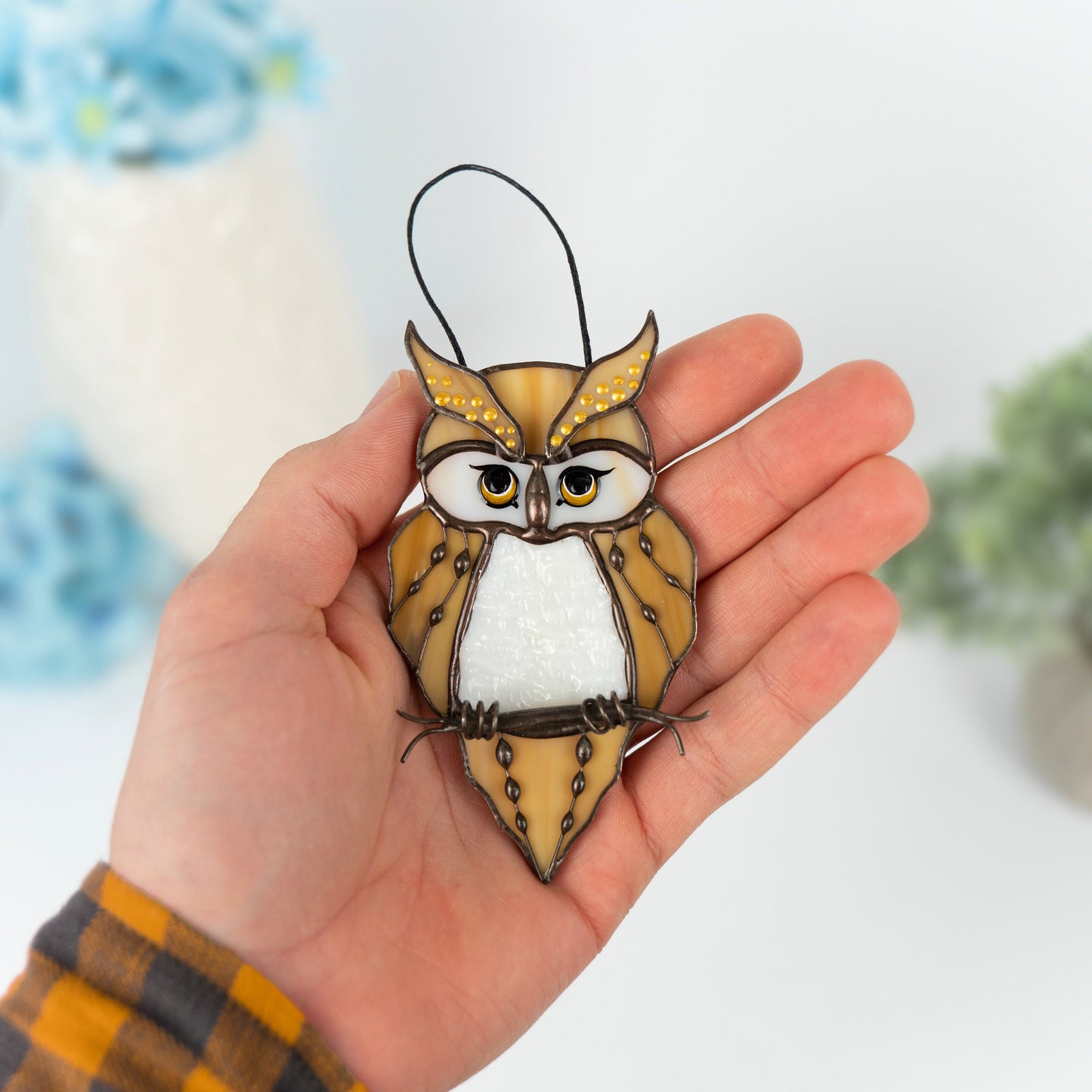 Stained glass owl suncatcher Great grandma gift Custom stained glass bird suncatcher Owl artwork stained glass window hangings - Image 4
