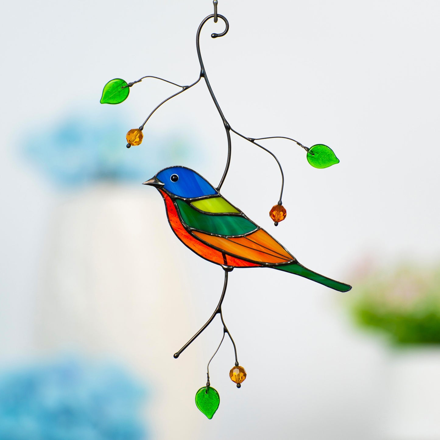 Painted bunting bird Stained glass suncatcher Porch decor Modern stained glass window hangings - Image 7