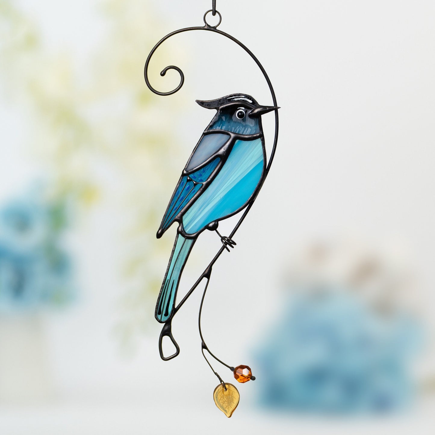 Steller jay stained glass bird suncatcher Grandma gifts Custom stained glass window hangings Handmade product Fairy garden accessories - Image 1