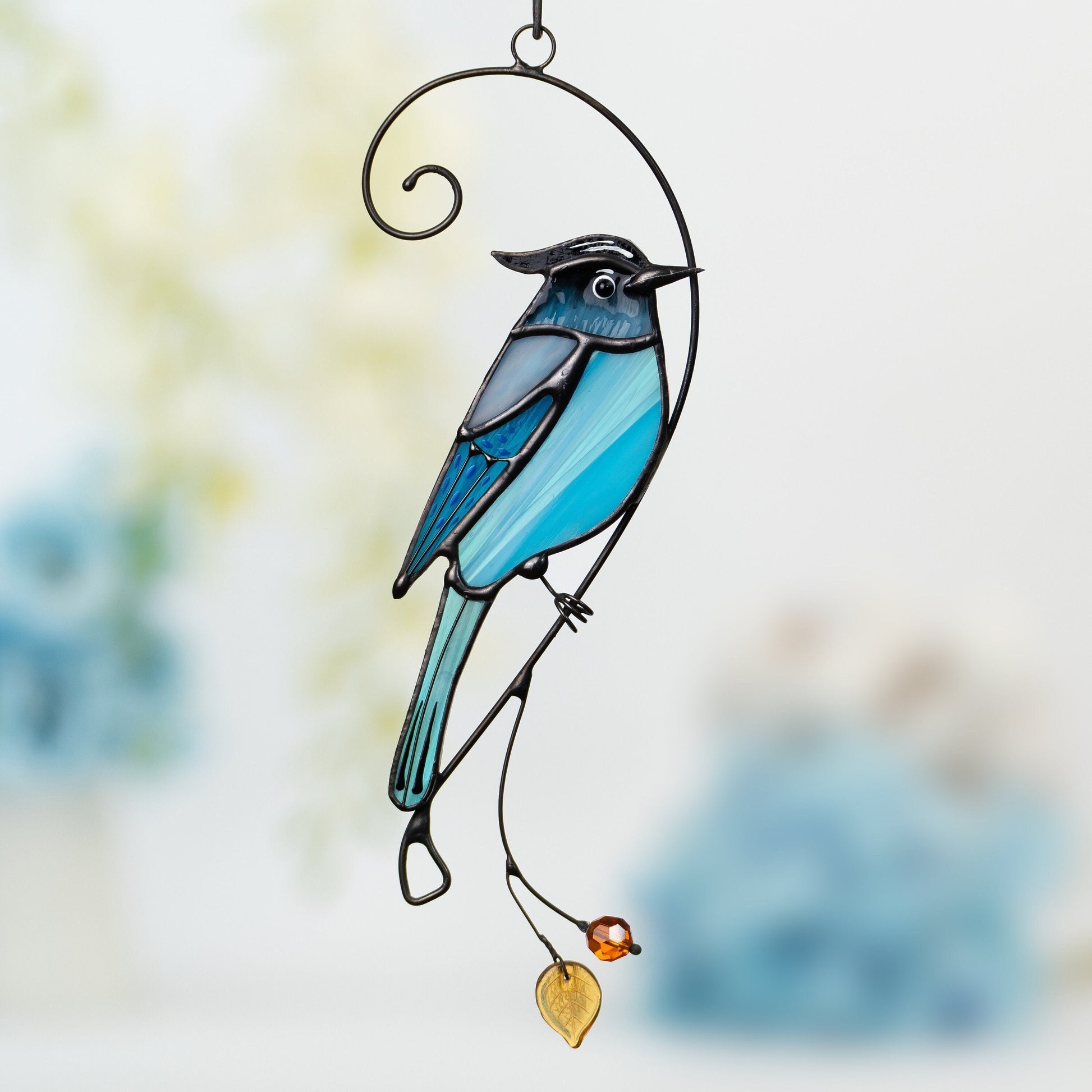Steller jay stained glass bird suncatcher Grandma gifts Custom stained glass window hangings Handmade product Fairy garden accessories - Image 1