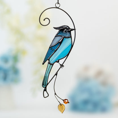 Steller jay stained glass bird suncatcher Grandma gifts Custom stained glass window hangings Handmade product Fairy garden accessories - Image 1