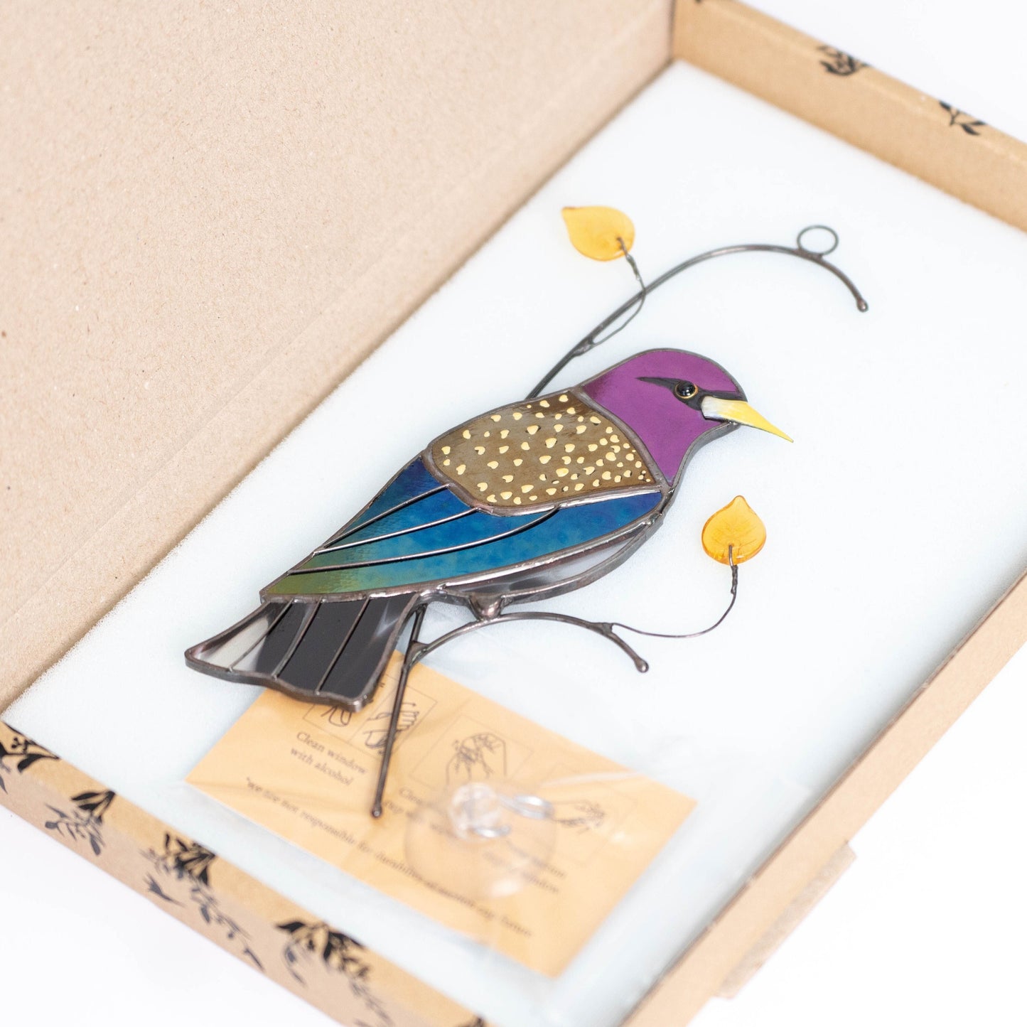 European starling bird stained glass window hangings Front door decor Custom stained glass bird suncatcher - Image 1