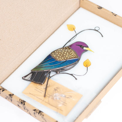 European starling bird stained glass window hangings Front door decor Custom stained glass bird suncatcher - Image 1