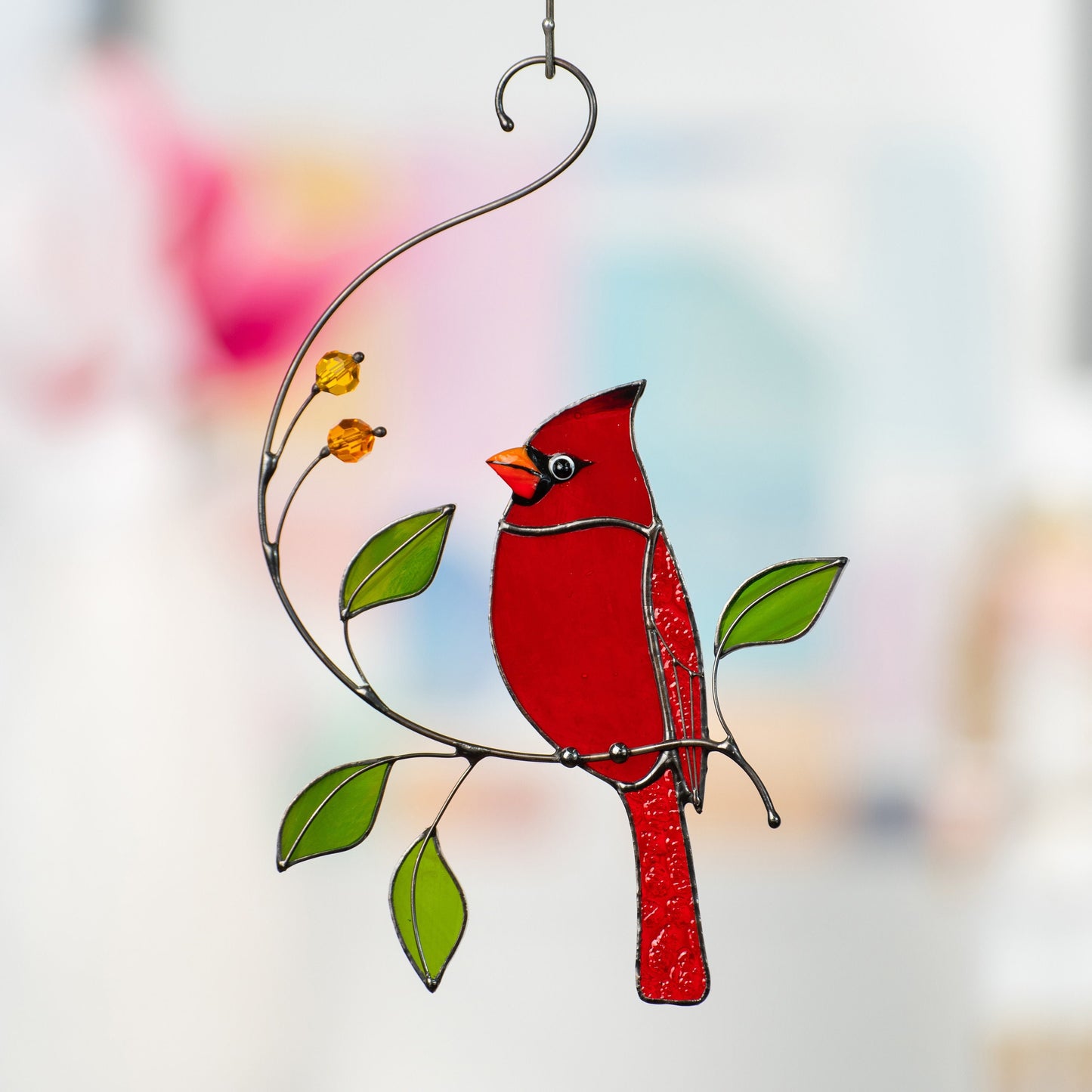Cardinal stained glass window hangings Loss of a loved one Custom stained glass bird suncatcher Godfather gift - Image 7