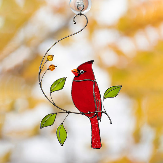 Cardinal stained glass window hangings Loss of a loved one Custom stained glass bird suncatcher Godfather gift - Image 1