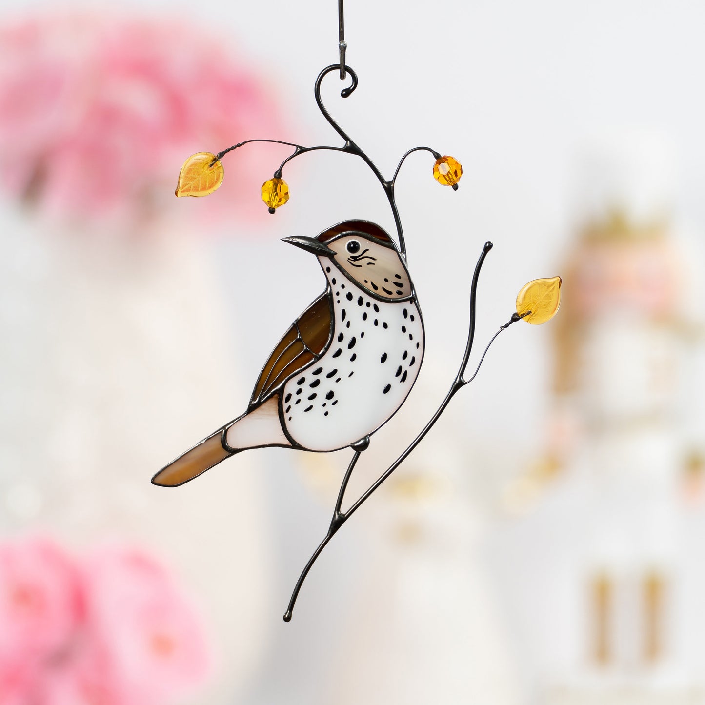 Bird artwork stained glass window hangings Wood Thrush Stained glass suncatcher Custom stained glass art - Image 8