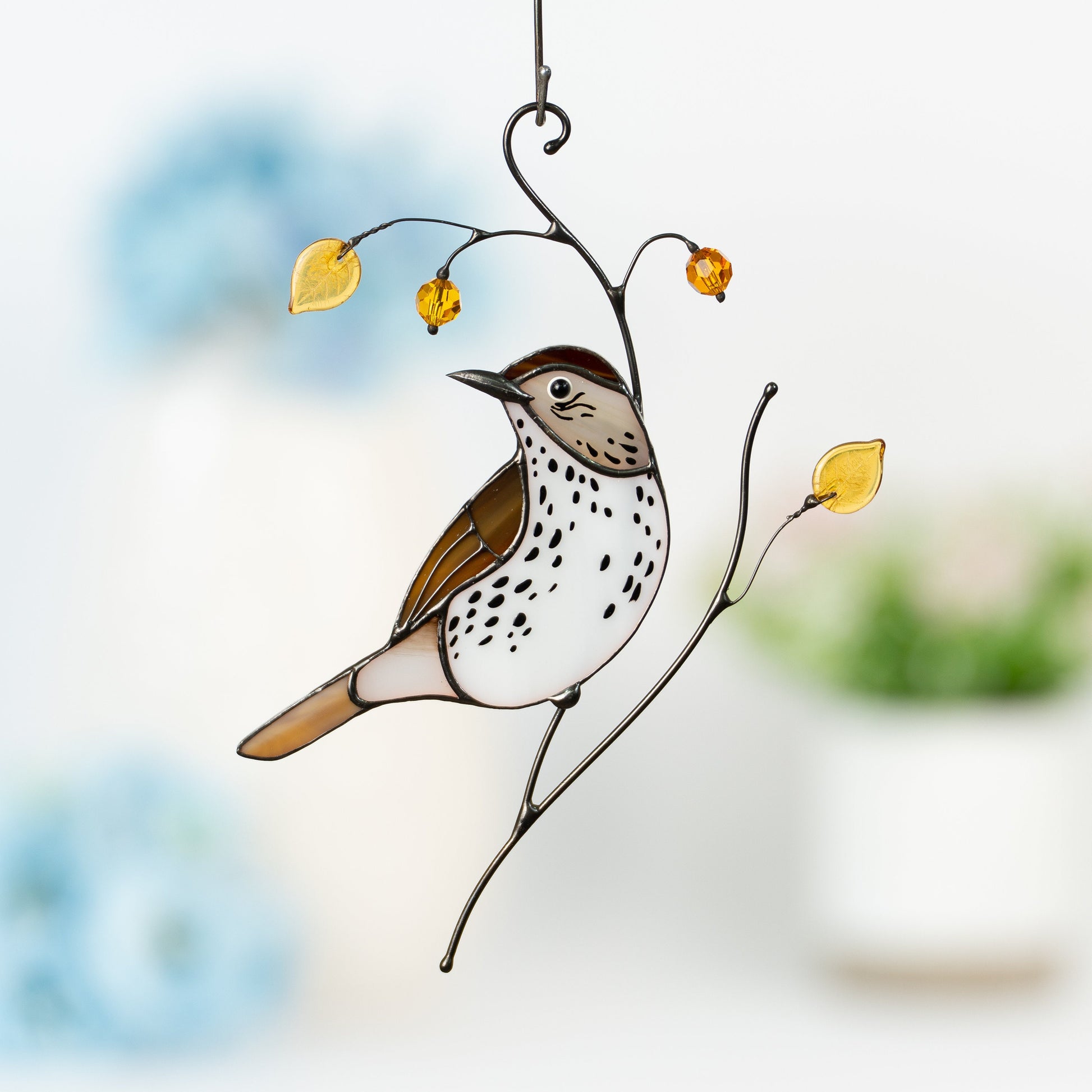 Bird artwork stained glass window hangings Wood Thrush Stained glass suncatcher Custom stained glass art - Image 10