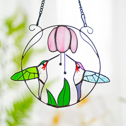 Hummingbirds Stained Glass and Flowers Stained Glass Suncatcher, Indoor Decor, Window Hangings, Wall Art, Gifts for Women, Sun Catcher - Image 1