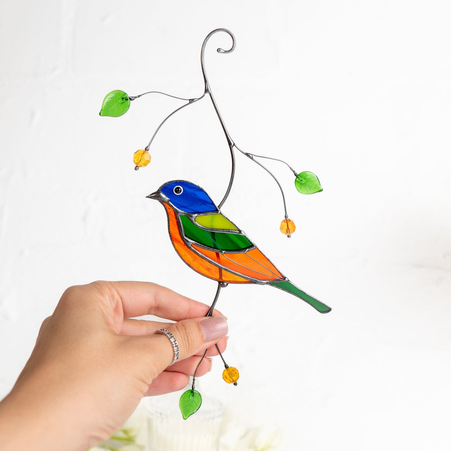 Painted bunting bird Stained glass suncatcher Porch decor Modern stained glass window hangings - Image 10