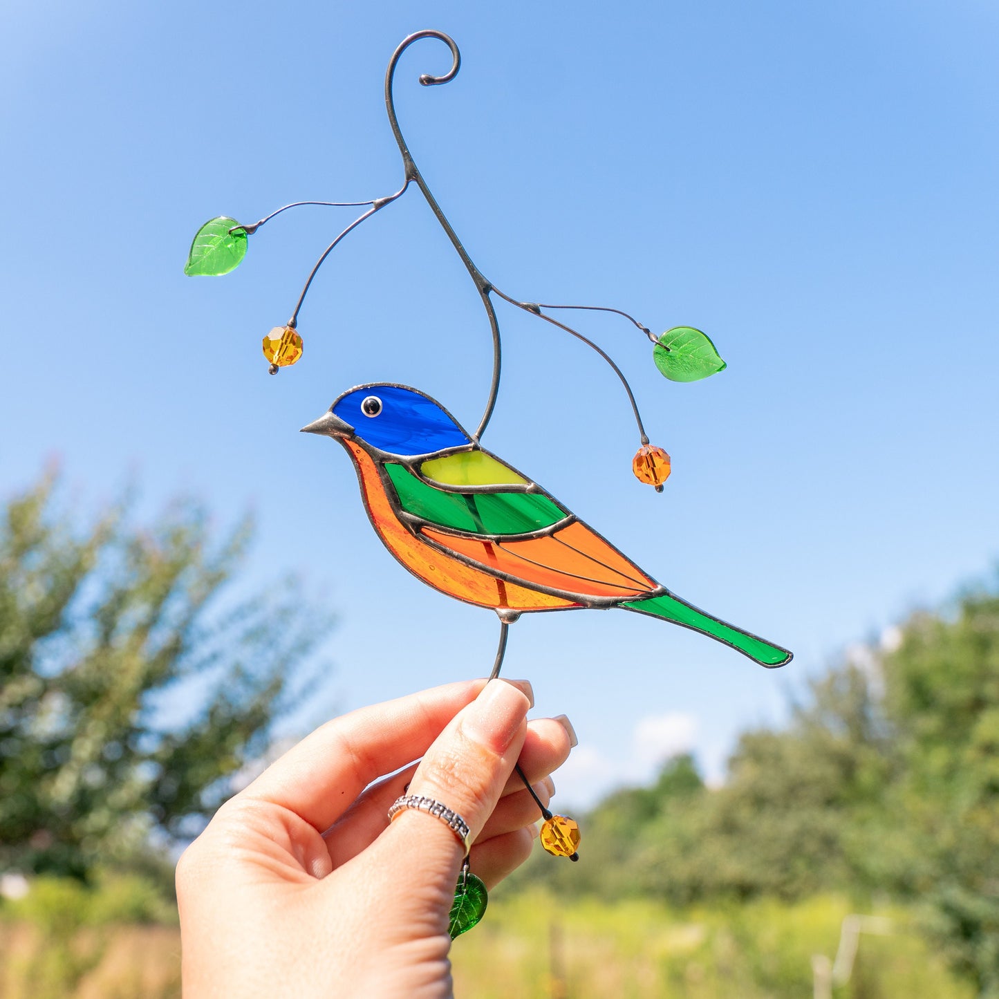 Painted bunting bird Stained glass suncatcher Porch decor Modern stained glass window hangings - Image 9
