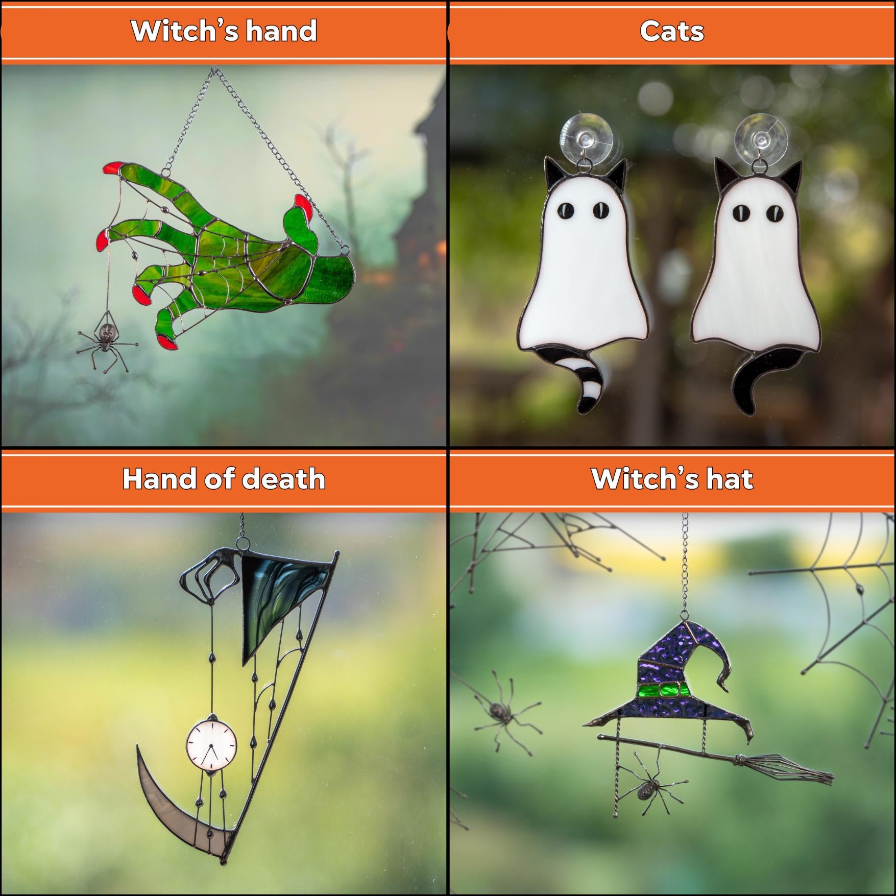 Stained glass witches broom Halloween spirit Custom stained glass window hangings Wizard hat Halloween stained glass web suncatchers - Image 5