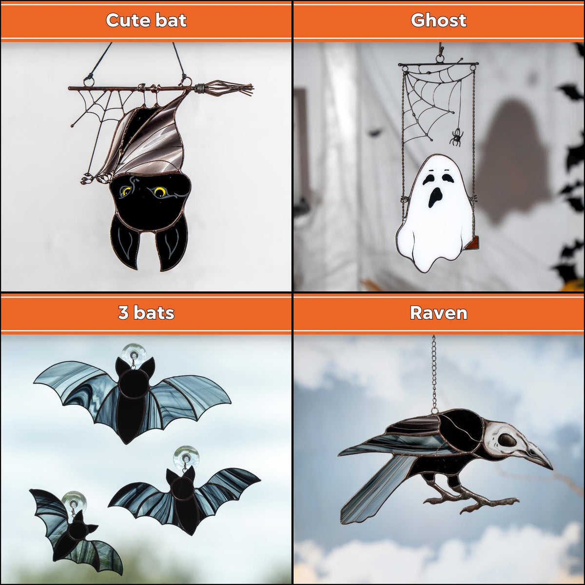 Stained glass witches broom Halloween spirit Custom stained glass window hangings Wizard hat Halloween stained glass web suncatchers - Image 6