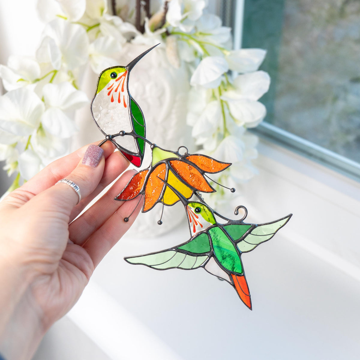 Hummingbird stained glass birds Best gift for mom Custom stained glass window hangings Fairy garden accessories - Image 6